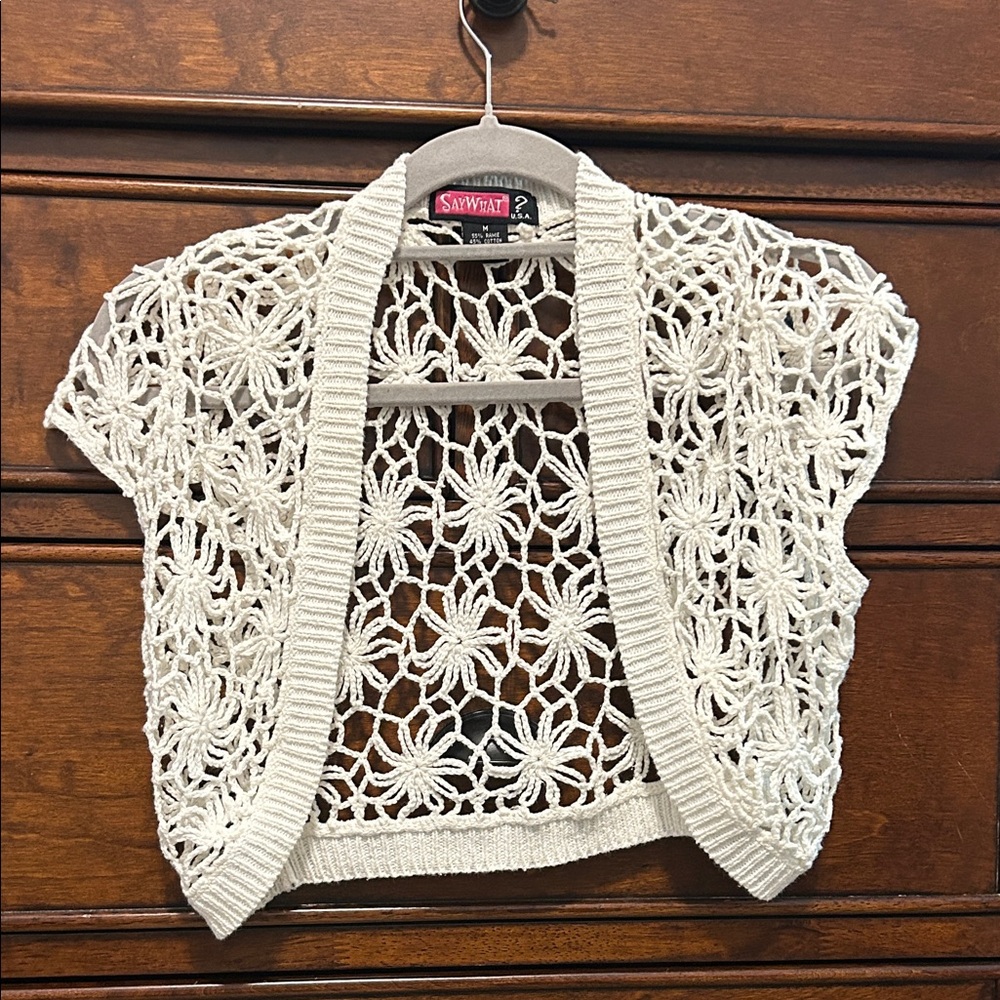 Say What? Vintage Cream Floral Crochet Shrug